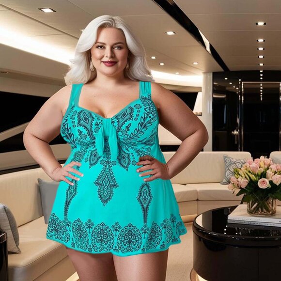 Plus 2pc Paisley Print Swimdress Womens Size 16-26 Teal Wide Strap Swimsuit Set - Picture 3 of 11